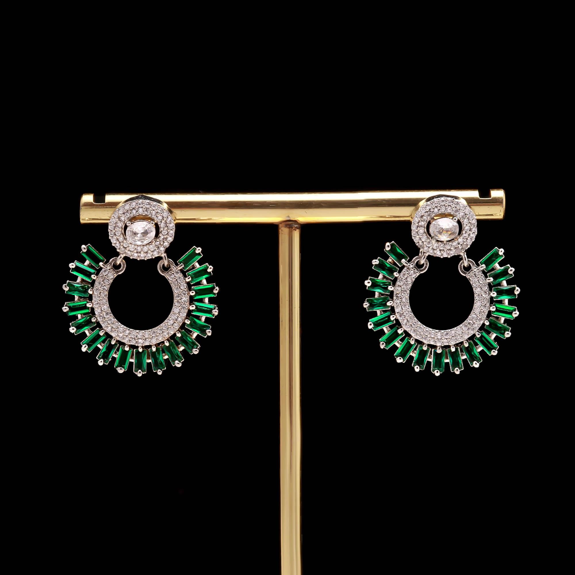 Green Stone & American Diamond Circular Earrings | Silver-Plated Party Wear Jhumka for Women & Girls